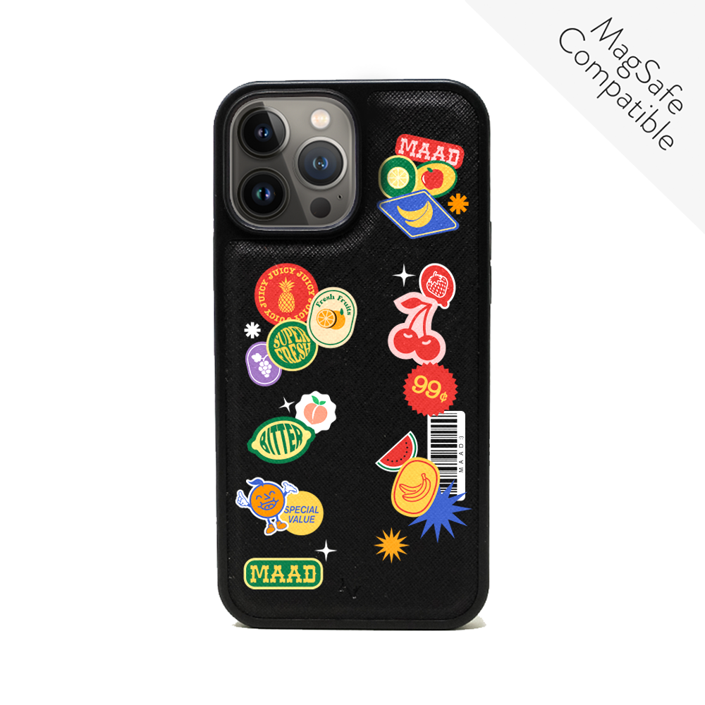 MAAD Fresh Black Leather Case for iPhone 14 Pro Max, featuring vegan saffiano leather and a soft rubber rim for protection.